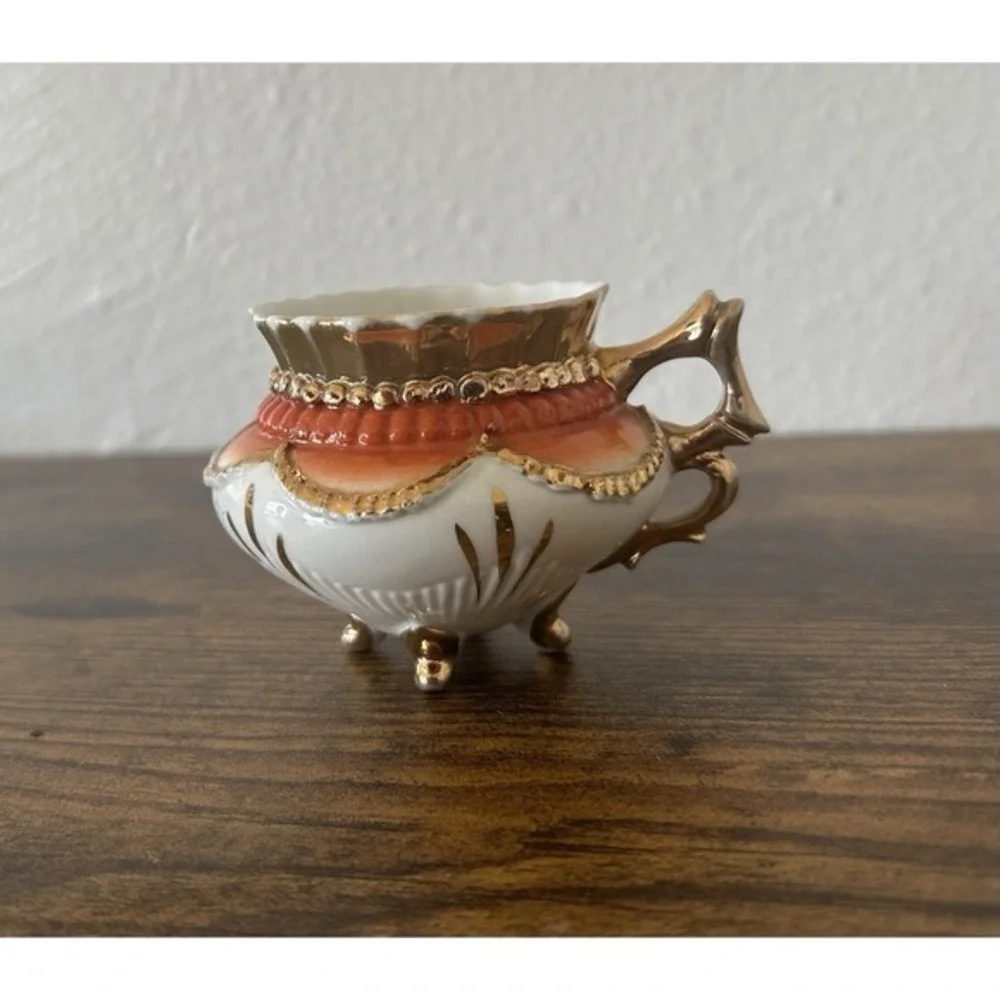 2-PC Vintage‎ Mini Vase Floral Gold Handle Numbered & Porcelain Pedestal Bowl